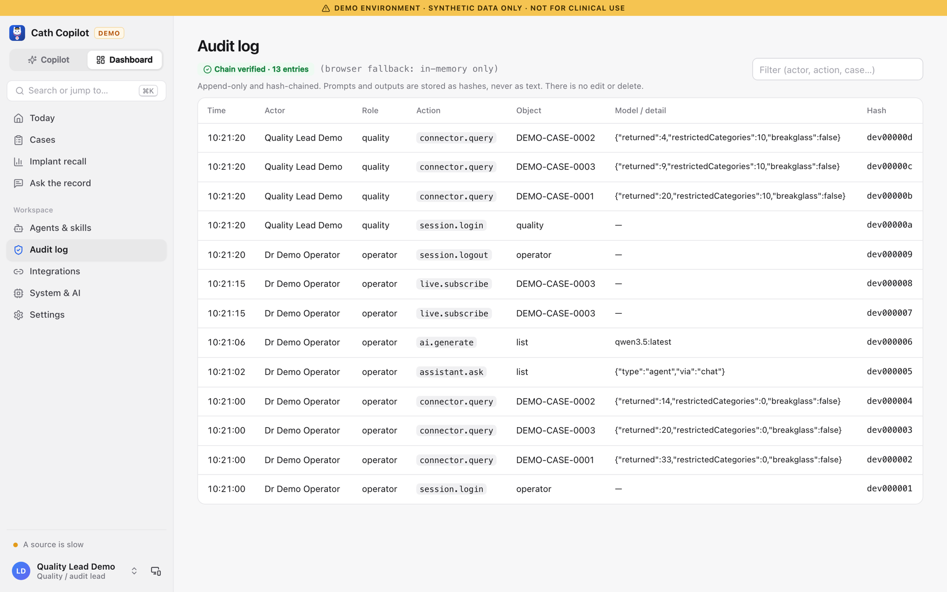 Cath Copilot audit log viewed by the quality lead, showing a verified hash chain of actions